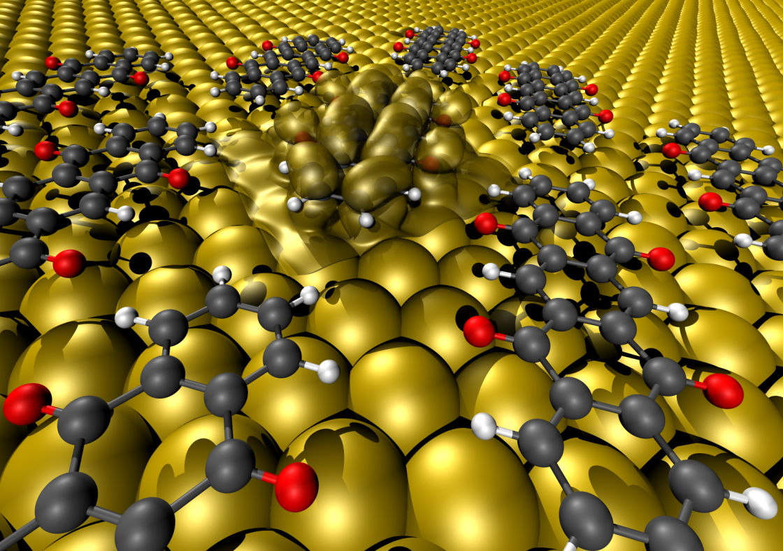 Die Abbildung zeigt, wie organische Verbindungen Kontakt zu den Atomen der Metalloberfläche aufnehmen. - vergrößerte Ansicht